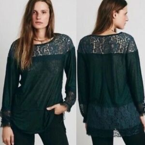 Free People Long Sleeve Lace Top Green Size XS Bohemian Blouse Boho Longline Tee
